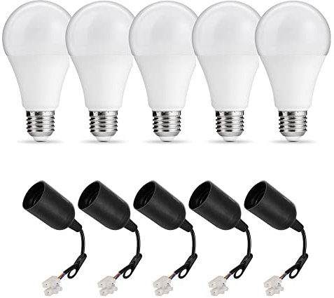 PerfectHD 5x Baufassung Set | E27 | LED Birne 15W | 1250 Lumen 4000K | Renovierfassung Lampenfassung Baustellenfassung | 11 cm Anschlussleitung | inkl. Aufhänger | 5 Stück