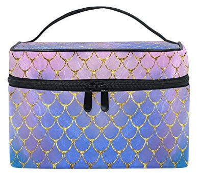 Make-up-Tasche, lila Meerjungfrauen-Schuppen, Marmor, Fisch, leicht, Sommer, Gold, tragbar, Reißverschluss, Kosmetikpinsel, Tasche, groß, Reise-Organizer, Künstler für Mädchen und Frauen