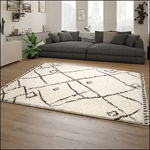 Paco Home Hochflor Teppich Wohnzimmer Shaggy Skandinavisch Fransen Flauschig Modern Langflor, Grösse:240x340 cm, Farbe:Creme 2