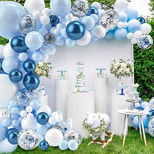 Blue Balloon Garland Arch Kit, 152 Pcs Blue White Balloons arch kit with Silver Confetti Balloon for Birthday Anniversary Festival Party Decorations