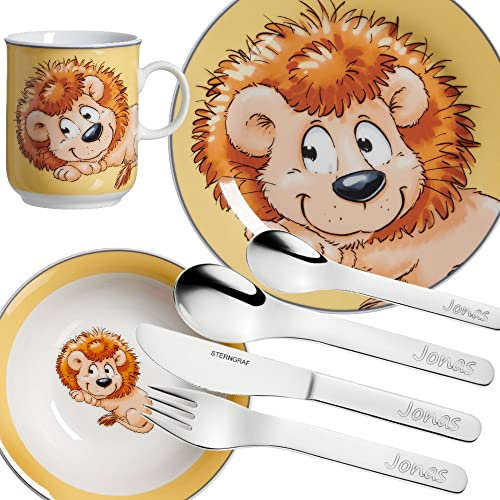 Sterngraf Kinderset Löwe 7tlg. MIT GRAVUR (z.B. Namen) personalisiertes Kinderbesteck + Kindergeschirr