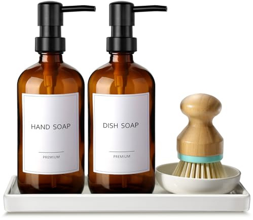 GMISUN Dish Soap Dispenser, 17 Fl oz Kitchen Soap Dispenser Set with Ceramic Tray & Bamboo Brush, 2 Pcs Amber Glass Soap Dispensers, Farmhouse Refillable Hand and Dish Liquid Soap Pump Bottle Set