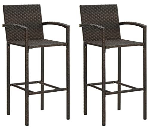 Makastle 2er-Set Barhocker Outdoor Barstuhl mit Fußstütze & Armlehne, Tresenhocker Bistrostuhl Thekenhocker Bar Stuhl Hocker für Outdoor Garten Terrasse, Poly-Rattan, Stahlgestell, Wetterfest, Braun