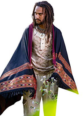 AJJAYA Samadhi Meditations-Gebetsschal, Decke, gemütlich, schwarz, Kaschmir, Yak-Wolle, tibetische Lahsa, Winter, Tribal, keltische Stickerei, Boho-Zen, Schwarz , One size