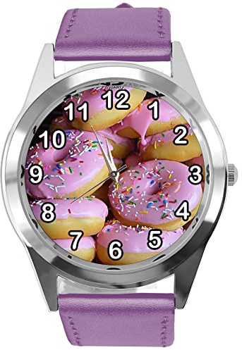 TAPORT Purple Leather Round Watch for Donut Fans