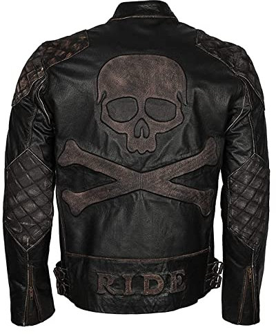 MAXDUD Giacca in pelle nera da uomo con teschio goffrato, effetto invecchiato, vintage, Cafe Racer, motociclista, Nero invecchiato - Vera Pelle, XXL