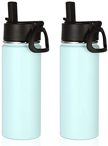 Volhoply 18oz Insulated Water Bottle 2 Pack, Multipack Kids Stainless Steel Water Bottles with Straw Lid, Double Wall Vacuum Metal Bottle (Fog,2 Pack)