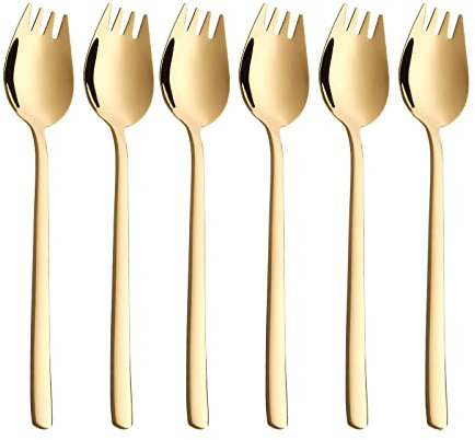 Sporks Stainless Steel Gold 6-Pack Dessert Salad Flatware Set 7.5 Inch Spoons Salad Forks