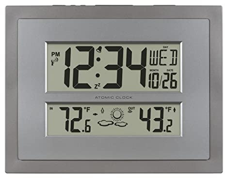 La Crosse Technology 512-85937-INT Orologio da parete digitale atomico con temperatura e previsioni in grigio/argento