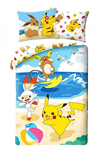 Halantex Pokemon Bettwäsche Set, 2 Stücke, 140x200 cm + Kissen 70x90 cm · Pokémon Pikachu, Raichu und Scorbunny · Kinder-Bettwäsche 100% Baumwolle