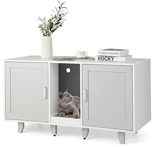 PTESITE Litter Box Enclosure for 2 Litter Boxes, Hidden Cat Washroom TV Stand End Table with 2 Cabinet, Scratching Board, Indoor Cat Litter Furniture