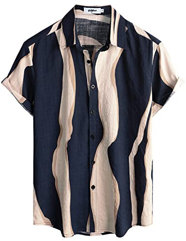 VATPAVE Herren Hawaii Hemd Männer Kurzarm Sommer Freizeithemd Casual Strand Blumen Hawaiihemd Mittel Marine Beige