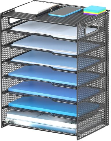 OUTWOLF Schreibtisch Organizer mit Griff, 8 Ebenen Briefablage Stabile Metall-Ablagefächer, Ablagefächer Bürobedarf für A4 Dokumentenablag, Papier, Buch, Magazin (Schwarz)