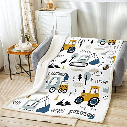 Loussiesd Cartoon Car Kids Throw Blanket Construction Sherpa Blanket Decor Equipment Trucks Plush Blanket Excavator Tractor White Blanket Baby 30x40