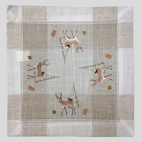 Tischdecke Mitteldecke Tischläufer Deckchen Kissenhülle Herbst Winter Weihnachten 15% Leinen beige Bestickt mit Rehe und Bäumen (60 x 60 cm)