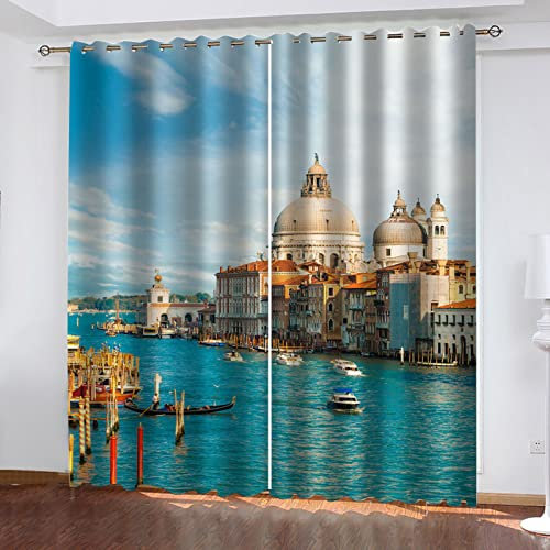 Blickdichte Gardinen 2Er Set 3D Wasserstadtlandschaft Von Venedig Muster Verdunkelungsvorhang Mit Ösen Modern Thermo Vorhänge Für Schlafzimmer Wohnzimmer Kinderzimmer Küche Fensterdekoration 230X2