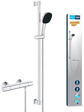 GROHE Precision Trend Mitigeur Thermostatique Douche, Ensemble de Douche 3 jets avec barre 90cm, Economie d'Eau, Flexible 1,75m, Chromé, 34855003