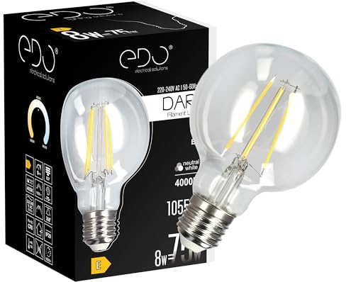 EDO Dekorative Glühbirne LED DARI E27 Filament 8W Neutralweiß 4000K 1055lm CLEAR G80 Leuchtmittel Energiesparlampe Lampe Dekorative Ideal für Retro- und Industrial-Design