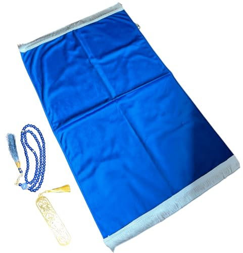 ALIBOOSTER Set muslimischer Gebetsteppich ohne Motiv + 1 x Rosenkranz + 1 x Seitenmarkierung | Geschenk für Muslim Islam Mädchen Jungen | Hergestellt in der Türkei (Blau)