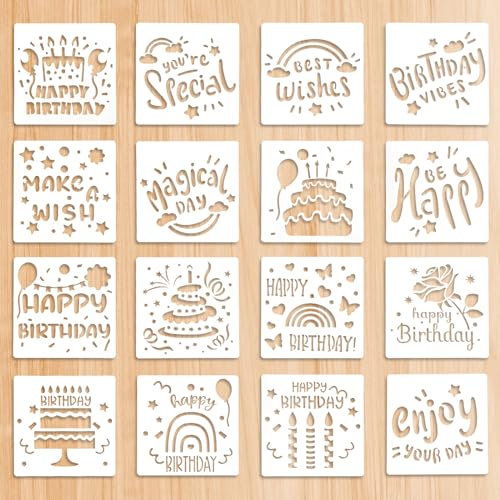 16 Stück Schablonen Malen, Happy Birthday Schablonen Geburtstags schablonen zum Malen, Kinder Schablonen Zeichnen Bithday Thema Schablonen für Kuchen Kartenherstellung Scrapbook DIY Wohnkultur