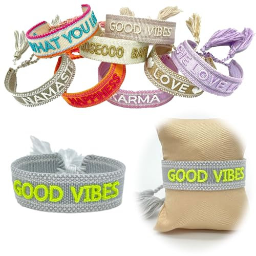 LS-LebenStil Exklusives Statement Armband Quasten besticktes Boho Canvas Webarmband (Good Vibes Grau Neon Grün)