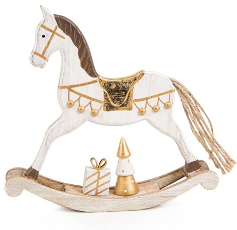 Logbuch-Verlag edles Schaukelpferd Gold weiß Schaukelpferdfigur aus Holz Nostalgie Weihnachtsdekoration Figur 18 cm