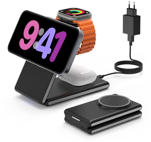 CIYOYO 3-in-1 Kabellose Ladestation, Faltbare Mag Safe Ladegerät für iPhone 16/15/14 Pro Max/Plus, Wireless Charger für Apple Watch10/ 9/8/7/6/5/Ultra, für AirPods 4/3/2/ Pro, mit Adapter