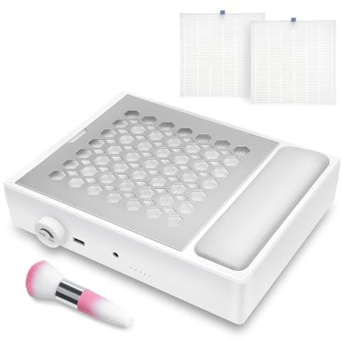 Madenia Professional Nail Dust Collector with 2 Reusable Filters and 1 Brush, Low Noise Dust Collector Nail Salon, Powerful Nail Dust Extractor Fan for Acrylic Gel Nails, White