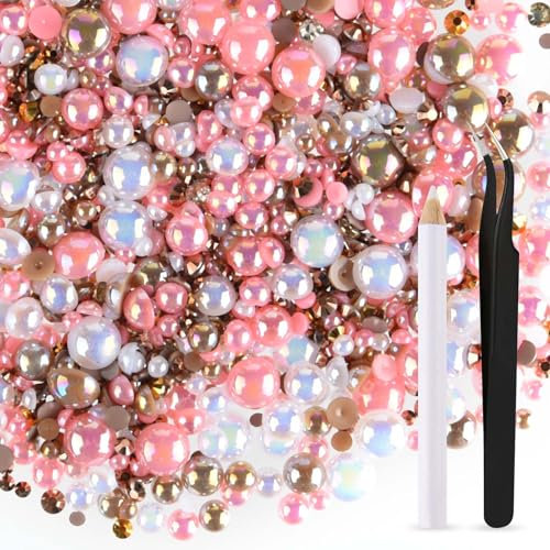 50g Mix Halbperlen und Glitzersteine für Kunsthandwerk, 3mm-10mm FlatBack Perlen und Strasssteine für Gesicht Nagel DIY Becher Becher Kunst Schuhe Kleidung(Rosa Braune Serie)