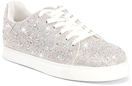 Suokdil Glitzernde Strass-Sneaker für Damen – Bling Fashion Bedazzled Plateau-Tennisschuhe – weiße Glitzer-Pailletten Hochzeits- und Partyschuh, Weiss/opulenter Garten, 38 EU