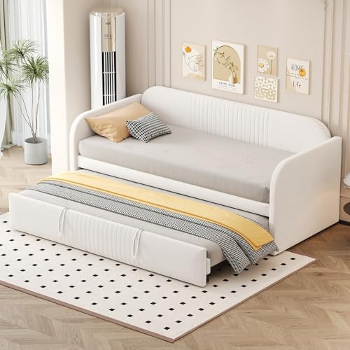 Sapgaks Schlafsofa 90 x 190,Doppelschlafsofa,ausklappbar mit Ausziehbett,Bett 180 x 190 cm mit Lattenrost, Bettgestell,gepolstertes Bett mit vertikalen Streifen,Erwachsenenbett,beige(Ohne Matratze)