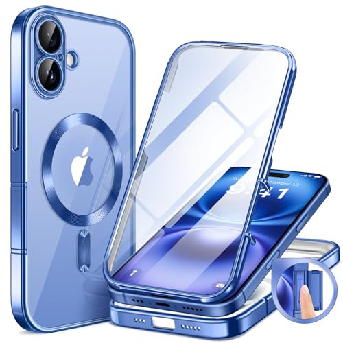 BERFY Magnetic for iPhone 16 Case, Compatible with Magsafe, Built-in 9H Tempered Glass Screen Protector & Upgraded Camera Protection, Full Body Plating Shockproof Phone Case for 16 6.1, Clear Blue