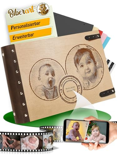 Personalisiertes Album aus Holz mit Ledercover I mit zwei Foto Gravuren I Zum Selbstgestallten I Kinderalbum als Geschenk zur Weihnachten für Großeltern I Geburtstagsgeschenk I Muttertag