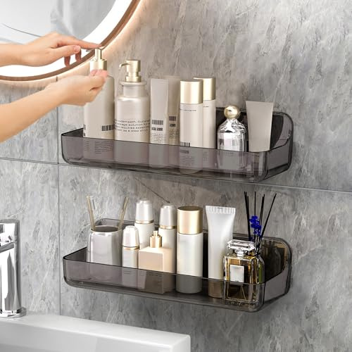 CGBE 2-Pack Acrylic Shower Shelves, No Drilling Adhesive Shower Shelf, Large Capacity Adhesive Bathroom Shelf with Drain Holes - Large Cleargrey