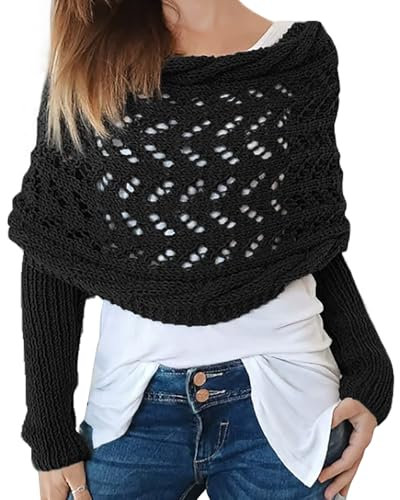 Icegrey Schal Mit ärmeln für Damen, Gestrickter Zopfmusterschal, Winter Pullover Schal, Sweater Scarf with Sleeves, Strickschal, Schwarz