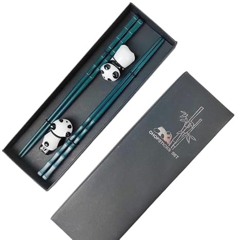 Aomhrek Chopstick Rest Set, 2 Pairs of Reusable Cute Chopsticks with 2 Ceramic Panda Chopsticks Holders, Personalised Chop Sticks for Home, Restaurants, Weddings, Bamboo Imitation Chopsticks (Green)