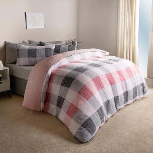 OHS Single Teddy Fleece Duvet Cover Set Gingham Check, Super Soft Cosy Warm Teddy Fleece Fabric Blush Gingham Check Design Single Duvet Set & 1 Pillowcase, Blush