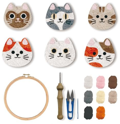 FREEBLOSS 6 STK. Punch Needle Untersetzer Set DIY Nadelstanzer Craft Punch Stitching Untersetzer Katze Punch Needle Sticksets Punch Needle Untersetzer Mit Anleitung