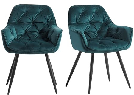 JaHECOME 2er-Set Samt Esszimmerstuhl,Esszimmersessel, Retro-Design,gepolsterter Sitz mit Armlehne, Metallbeine für Restaurant, Esszimmer und Küche (2, Teal)