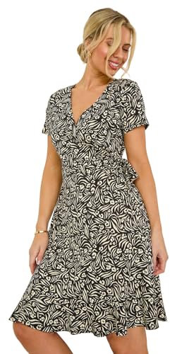 Roman Originals Floral Print V-Neck Wrap Stretch Dress for Women UK - Ladies Everyday Holiday Spring Summer V-Neckline Comfy Soft Evening Vacation Work Party - Petite Black - Size 18