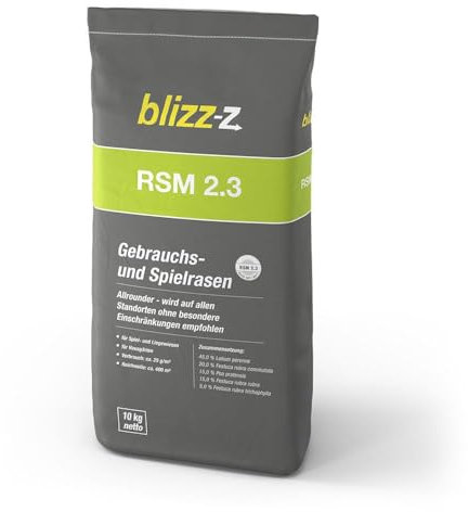 blizz-z RSM 2.3 Gebrauchs- und Spielrasen 10 kg Sack für ca. 400 m² | hoch belastbarer, winterharter Rasen für Spiel- und Liegewiesen, Hausgärten in Profiqualität | Made in Germany