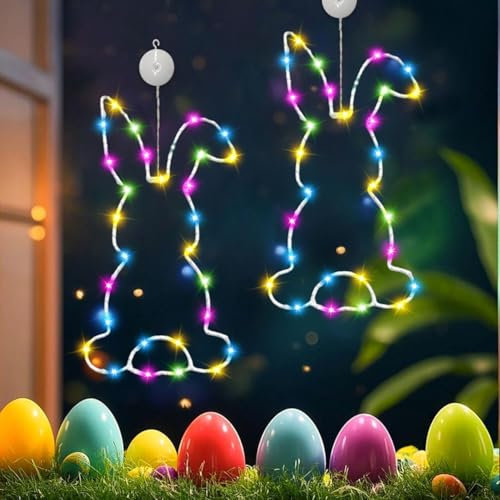 2 Stück Osterdeko Led Fenster Licht, Ostern Deko LED Lichterkette Osternhasen Fensterlichter mit Saugnapf und Timer Batteriebetrie, Osterdeko Für Draußen & Innen, Zuhause Party (B)