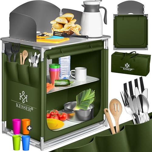 KESSER® Campingküche | Inkl. Tragetasche & Becherset | Campingschrank Faltschrank | mit Aluminiumgestell | Reiseküche | Küchenbox | Zeltschrank | Outdoor Camping Küche | Khaki | Typ F2