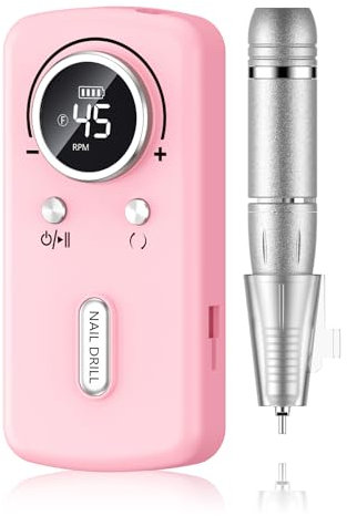 PKBD 45000RPM Professional Portable Nail Drill Machine for Gel Nails, Rechargeable Electric Nail Files Set with 11 bits and LCD Display, Pink