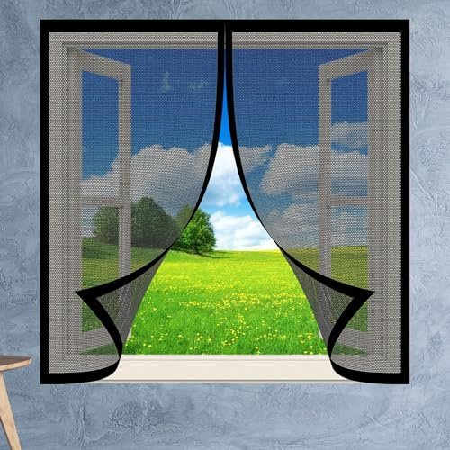 Magnet Fliegengitter Fenster Auf Maß 99 x 117 cm Insektenschutz Magnetvorhang Fliegennetz Moskitonetz Ohne Bohren mit Selbstklebendes Klettband für Insekten Fernzuhalten, Schwarz