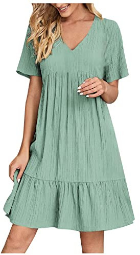 HAOLEI Robe Femme Chic Et Elegant Col V Manches Courtes éTé BohèMe Tunique Robe Ample A-Line Mi-Longue Dress Grande Taille DéContractéE Robes Couleur Unie Taille Haute Robes pour FêTer Vacances Plage