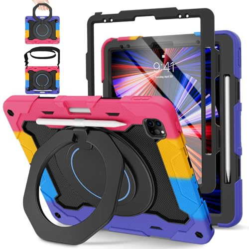 ROISKIN für iPad Pro 12.9 Hülle 2022/2021/2020/2018 6./5./4./3. Generation | mit Bildschirmschutz,Drehbarer Ständer,Stifthalter,Schultergurt, Stoßfeste Schutzhülle für iPad Pro 12.9 Zoll, Schwarz-Rosa