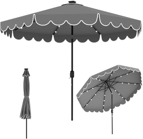 COSTWAY 300 cm Sonnenschirm mit LED-Beleuchtung, Gartenschirm mit Kurbel und Volant, beidseitig um 35° knickbar, Terrassenschirm mit 8 Rippen, Marktschirm für Balkon, Garten, Terrasse (Grau)