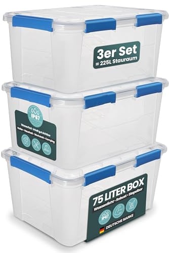 Kreher® Aufbewahrungsbox 75 Liter mit Deckel – wasserdicht & staubdicht, transparent & stapelbar, BPA- & schadstofffrei, robuste Kunststoffbox mit Silikondichtung & 6 Clips (3, 75 Liter)