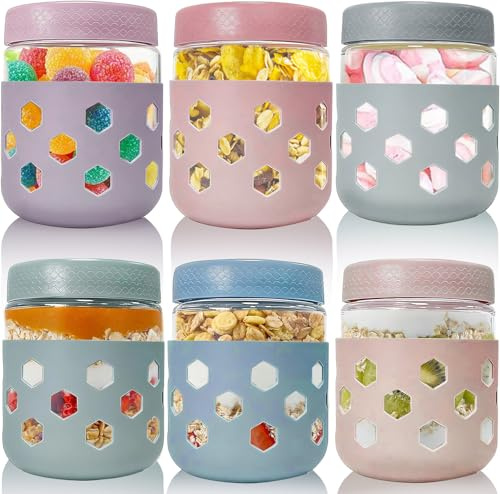 Overnight Oats Jar Container set 6, 480ml Glass Mason Jars with Lids | and Protective Silicone Sleeve, Cereal Milk Vegetable Fruit Salad Jam Porridge Storage Containers, Breakfast Pots with Lid